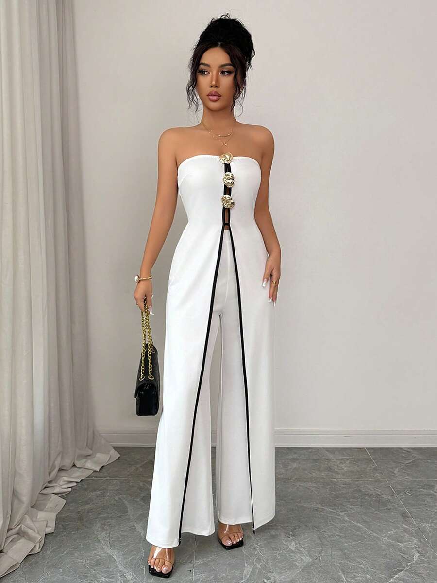 Rafferiza Modern Minimalist White Strapless Jumpsuit: Black-Accented Split Wide-Leg Silhouette With Ornate Metal Fasteners – Polished Elegance For Office & Elevated Daily Wear - White - View 1
