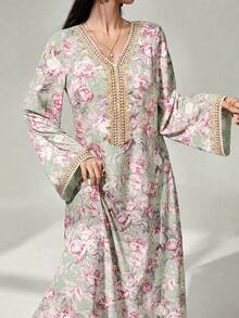 Al Najma 女士花卉印花钩编拼接长袖连衣裙，优雅端庄的A字型卡夫坦长袍，适合晚宴/婚礼宾客/周年纪念/日常穿着 - 薄荷綠 - 查看 5