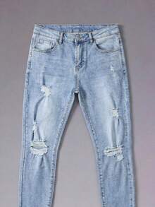 DSELFIQUE 男士破洞修邊修身牛仔褲，貨運口袋純色淺藍色，適用於外出和與搖滾樂朋友共度時光 - 藍色 - 查看 3