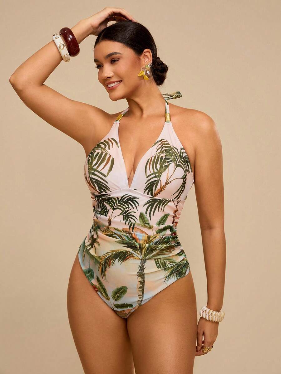 Travachic 大码休闲夏季热带沙滩彩色花卉复古印花V领性感连体泳衣 - 彩色 - 查看 1