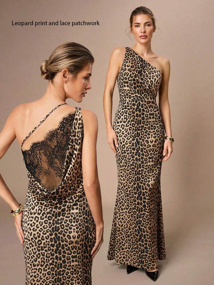 SHEIN Maija Women's Fashion Sexy Leopard Print Contrast Lace One-Shoulder Fishtail Dress