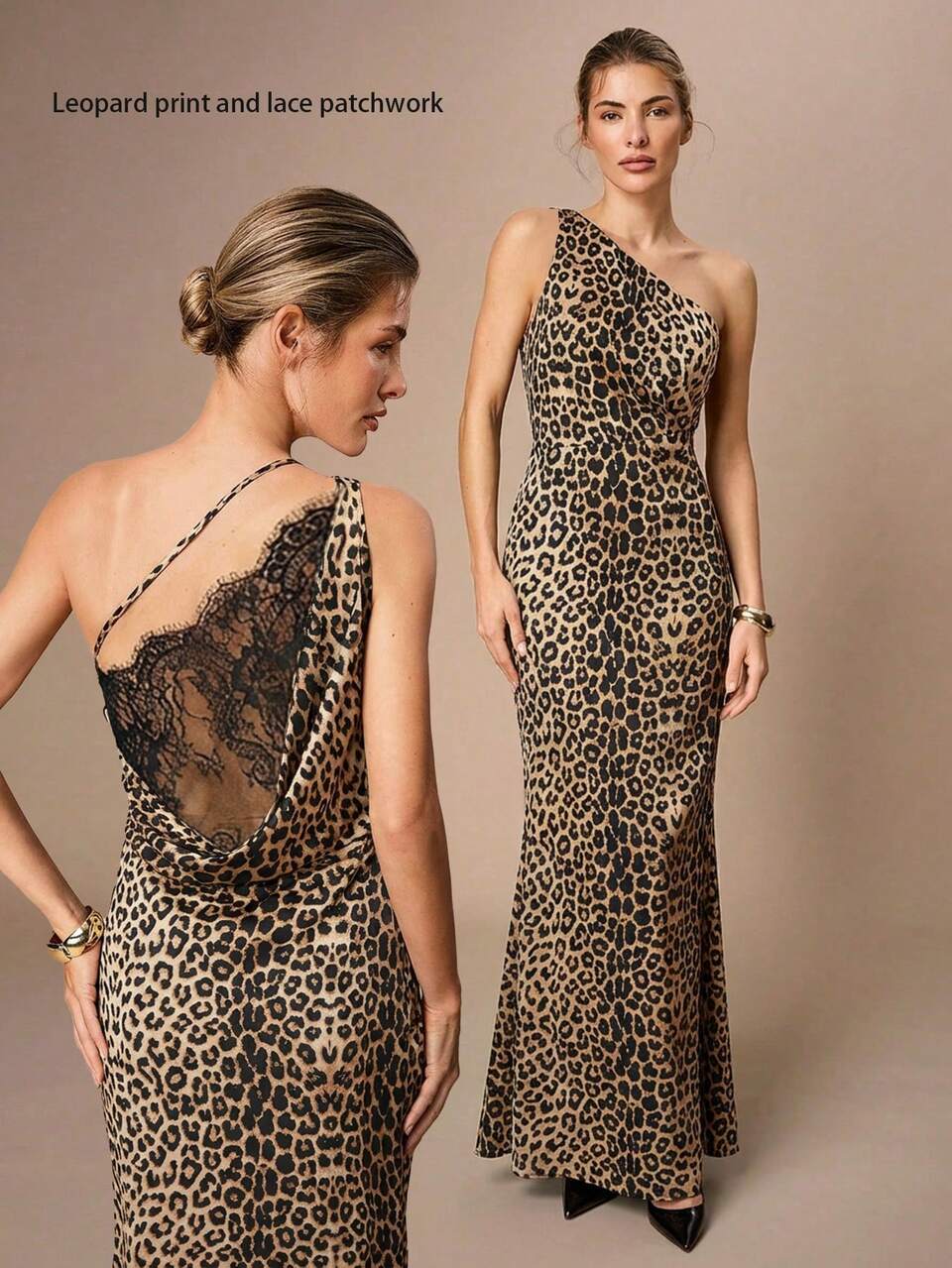 SHEIN Maija Damen Mode sexy Leoparden-Muster Kontrast Spitze Einschulter Fischschwanz Kleid
