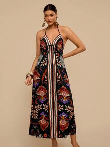 Travachic Plus Size Floral Print Open Back Dress For Women, Spring & Summer, Summer Outfits For Women, Beach Outfits For Woman, Women, Spring Break, Concert Outfit Women, Boho, Rave Outfits, Tropical Vacation - Black - View 10