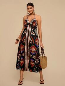 Travachic Plus Size Floral Print Open Back Dress For Women, Spring & Summer, Summer Outfits For Women, Beach Outfits For Woman, Women, Spring Break, Concert Outfit Women, Boho, Rave Outfits, Tropical Vacation - Black - View 9