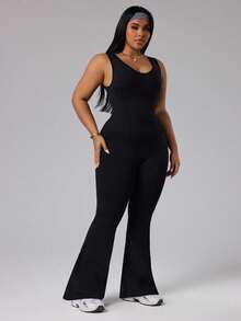 Rhythm Era Women's Solid Color Round Neck Casual Sleeveless Flared Sports Jumpsuit - Black - View 4