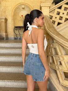 Marta Soriano Parte superior sin mangas y con escote halter con bordados, de estilo vintage, ideal para Navidad, Nochevieja, Acción de Gracias, fiestas elegantes, invierno, graduación, baile de graduación, eventos de lujo por la noche y playa en verano - Blanco - Ver 2