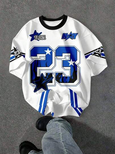 Tween Boy Casual Minimalist, Classic Color Blocking, Number 23 & Star Print, Sporty Style, Y2K Vibe, Loose Comfortable Short Sleeve Crew Neck T-Shirt, Suitable For Spring/Summer, Streetwear, Running, Basketball, Soccer And Other Sports