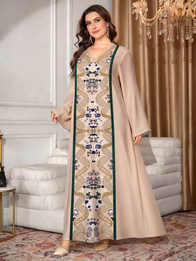 SHEIN Najma Đầm maxi dài tay cổ chữ V in họa tiết hoa lá cổ điển dành cho nữ, trang phục thanh lịch kiểu Ả Rập, chân váy dài mùa xuân/hè.