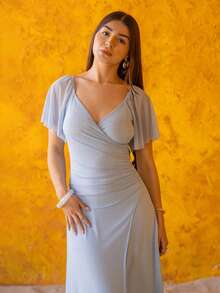 Andrea Bello 女士浅紫色V领荷叶袖褶裥开衩连衣裙，优雅伴娘礼服，派对礼服，春夏款 - 藍色 - 查看 4