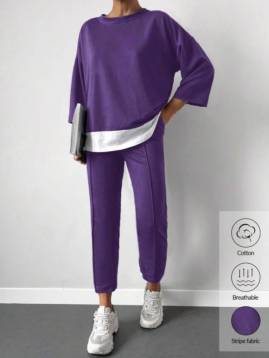 Cottnline 2pcs Women Casual Set: Contrast Color Round Neck Drop Shoulder 3/4 Sleeve T-Shirt And Pants - Purple - View 1