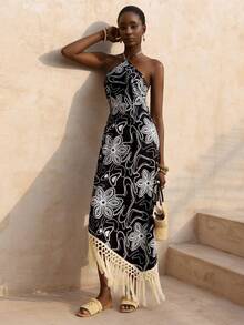 Vesra Vestido de mujer con estampado floral de vacaciones, cuello halter, cintura asimétrica con flecos y empalmes de colores contrastantes - Blanco y Negro - Ver 8