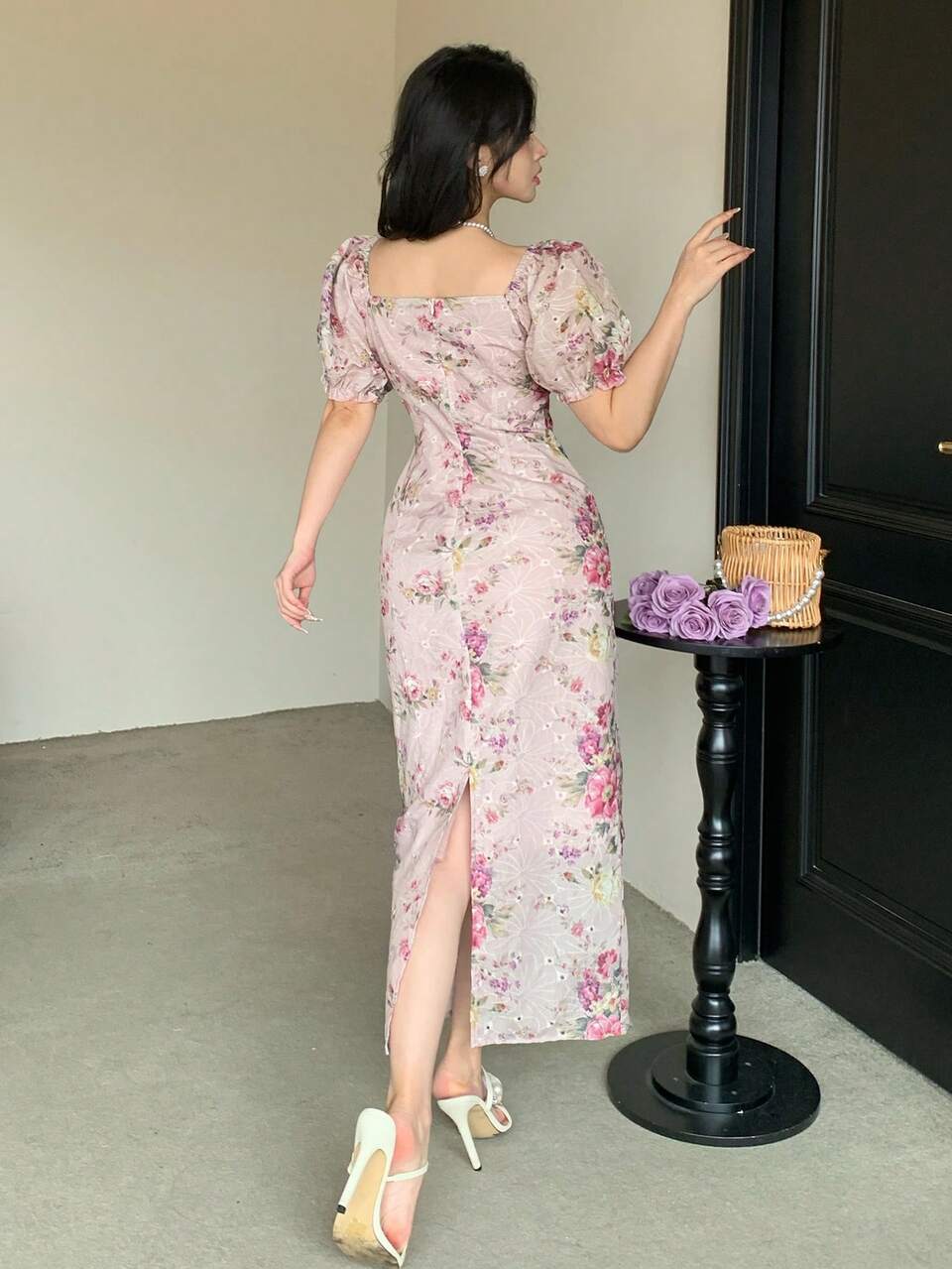Women's Elegant Cottagecore Square Neck Long Dress, Suitable For Spring And Summer Boho Sun Vacation Outfits Tea Party Blush Pink