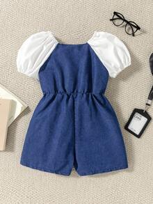 女童大蝴蝶结拼接水洗牛仔连体裤 - 彩色 - 查看 2