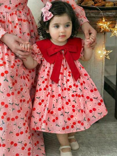 LMoss Kids 女宝宝樱桃图案蝴蝶结装饰可爱连衣裙