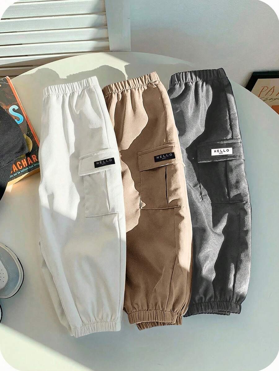 SHEIN Baby Boys Elastic Waist Casual Cargo Style Ankle Pants, Summer - Multicolor - View 1