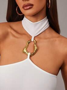 Radiana Women's Elegant White Halter Neck Camisole With Metal Ring Decor,Fitted Stretchy Knit Top For Party Night,Summer,Club,Daily Casual Outings & Vacation - White - View 3