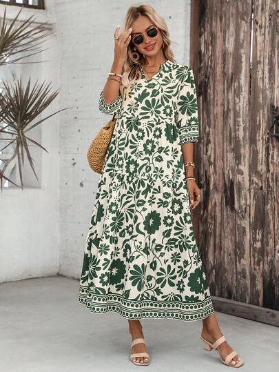 EMERY ROSE Vestido largo casual de mujer con estampado floral y manga 3/4