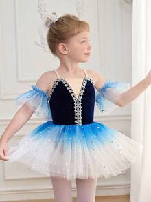 SHEIN Vestito da balletto tutu per ragazze giovani, abito da ballo con maniche in rete a contrasto di colore, orlo in rete sfumato, maniche in rete da principessa, elegante e alla moda - Blu - Visualizzare 4