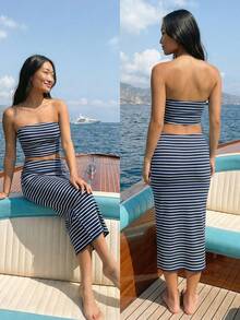 Fluxe 女士条纹露脐抹胸上衣和迷你裙休闲两件套 - 藍白色 - 查看 1