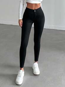 EURMUSE 97%棉 大码纯色高腰紧身牛仔裤 - 黑色 - 查看 5