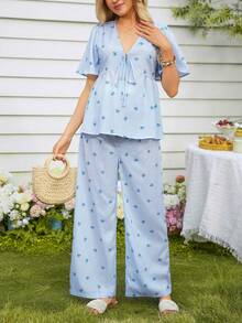 SHEIN 系带印花上衣和阔腿裤孕妇两件套 - 藍色 - 查看 3