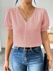 Elenzga Áo kiểu nữ Pháp màu trơn chấm bi Thụy Sĩ, chi tiết bèo nhún, cổ chữ V, tay cánh hoa. - Hồng - Xem 6