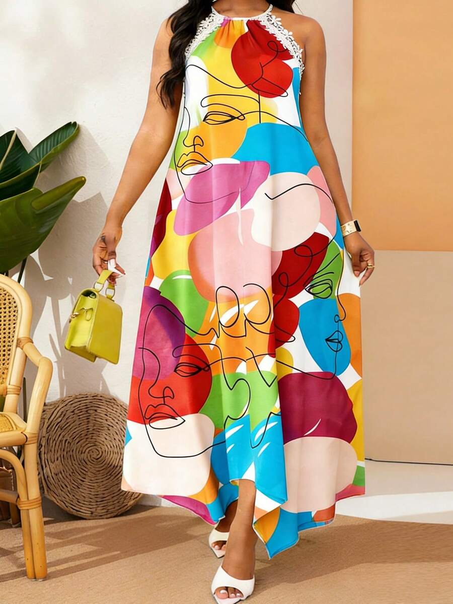 Breezaya Summer New Lady Women's Spaghetti Strap Maxi Dress, Asymmetrical Hem, All-Over Abstract Graffiti Print, Loose & Comfortable Beach Vacation Dress - Multicolor - View 1
