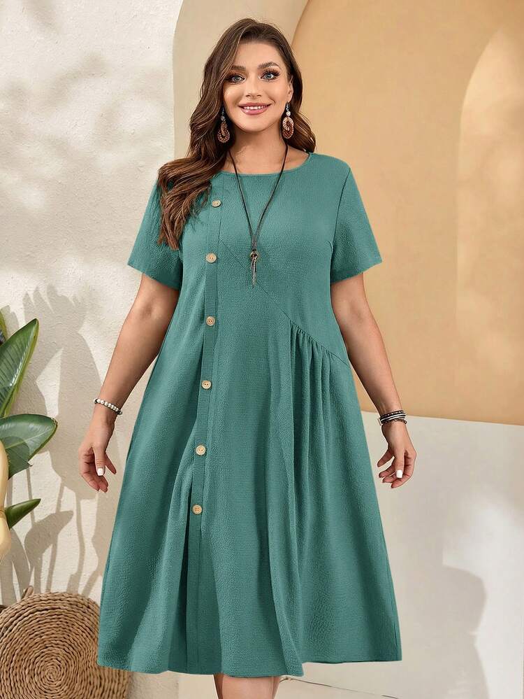 Plus Size Women'S Loose Fit Buttoned Short Sleeves Round Neck Pocket Green Dress With Side Slits For Spring Women's Summer Dresses Pocket Dresses Summer Dress Summer Outfits Summer Clothes Spring Dress Spring Outfit Women Spring Clothing Beach Vacation Outfits For Women Vacation Dress Bohemian