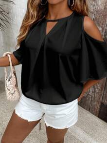 SHEIN VCAY Camisa de hombros descubiertos de unicolor con cuello de ojo de cerradura, de estilo casual y versátil para talla grande, ideal para vacaciones de verano - Multicolor - Ver 1