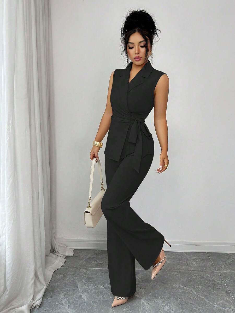 Selianne 优雅浪漫度假及办公领结西装套装，女士系带连体裤，西装连体裤，无袖连体裤，女士连体裤，居家办公服装，高个女装，女士办公室工作服，女士工作连衣裙，女士优雅套装，女士经典搭配套装，女士两件套套装，女士正式连体裤，女士优雅长款经典套装 - 黑色 - 查看 1