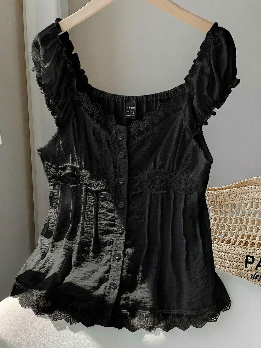 Comfortcana 女士黑色优雅夏季纯色荷叶边前扣心形领休闲梭织衬衫,适合海滩、约会、时尚、预约、通勤等场合 - 黑色 - 查看 1