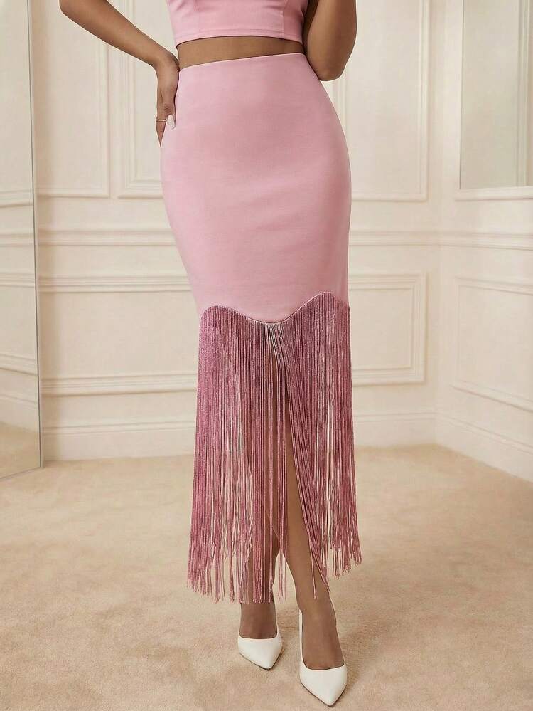 Women's New Lotus Pink Flounce Hem Elegant Vacation Party Skirt, Summer