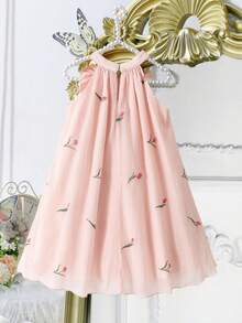 SHEIN Elladie kids 甜美梦幻的少女连衣裙，3D立体花卉网纱粉色吊带裙，优雅独特，适合派对、外出和日常生活。 - 淺藍色 - 查看 2