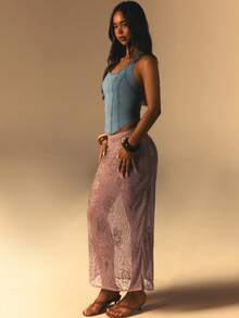 Athîral Women's Vacation Beach Sequin Beaded Decor Sheer Mesh Skirt - Pink - View 4