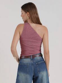CielaLinda Women Knit One Shoulder Ruched Top - Rose Red - View 2