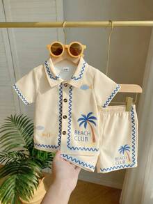 SHEIN Playful Pals 2件/套 嬰幼兒男童夏日度假趣味熱帶風短袖襯衫與短褲海灘套裝 6M-3T 波希米亞風服飾 - 米色 - 查看 8