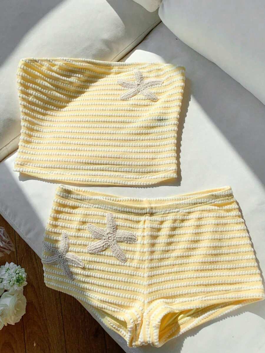 Sparklyn 2pcs/Set Teen GirlBeach Vacation Style Knitted Patchwork Fabric With Star Decor, Suitable For Outing, Vacation, Travel - Yellow - View 1