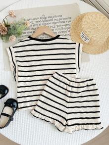 LMoss Kids 2件套女婴针织条纹圆领休闲T恤和短裤套装 - 黑與白 - 查看 2