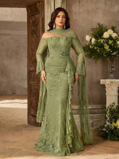 Aureia Plus Size Elegant Luxurious Wine Red Off-Shoulder Lace Patchwork Lace Ruffle Sheer Sleeve Beaded Applique Asymmetric Ruffle Hem Mermaid Formal Gown (Heavily Embellished Design), Suitable For All Formal Occasions And Galas