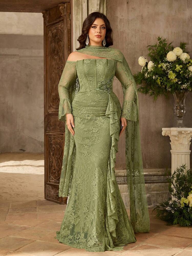 Aureia Plus Size Elegant Luxurious Wine Red Off-Shoulder Lace Patchwork Lace Ruffle Sheer Sleeve Beaded Applique Asymmetric Ruffle Hem Mermaid Formal Gown (Heavily Embellished Design), Suitable For All Formal Occasions And Galas - Green - View 2