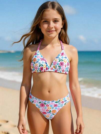 Girls' Digital Print Reversible Tankini Swimsuit Set, Floral, Plaid, Spaghetti Strap Triangle Cup Bikini, Conservative, Suitable For Vacation, Beach, Summer