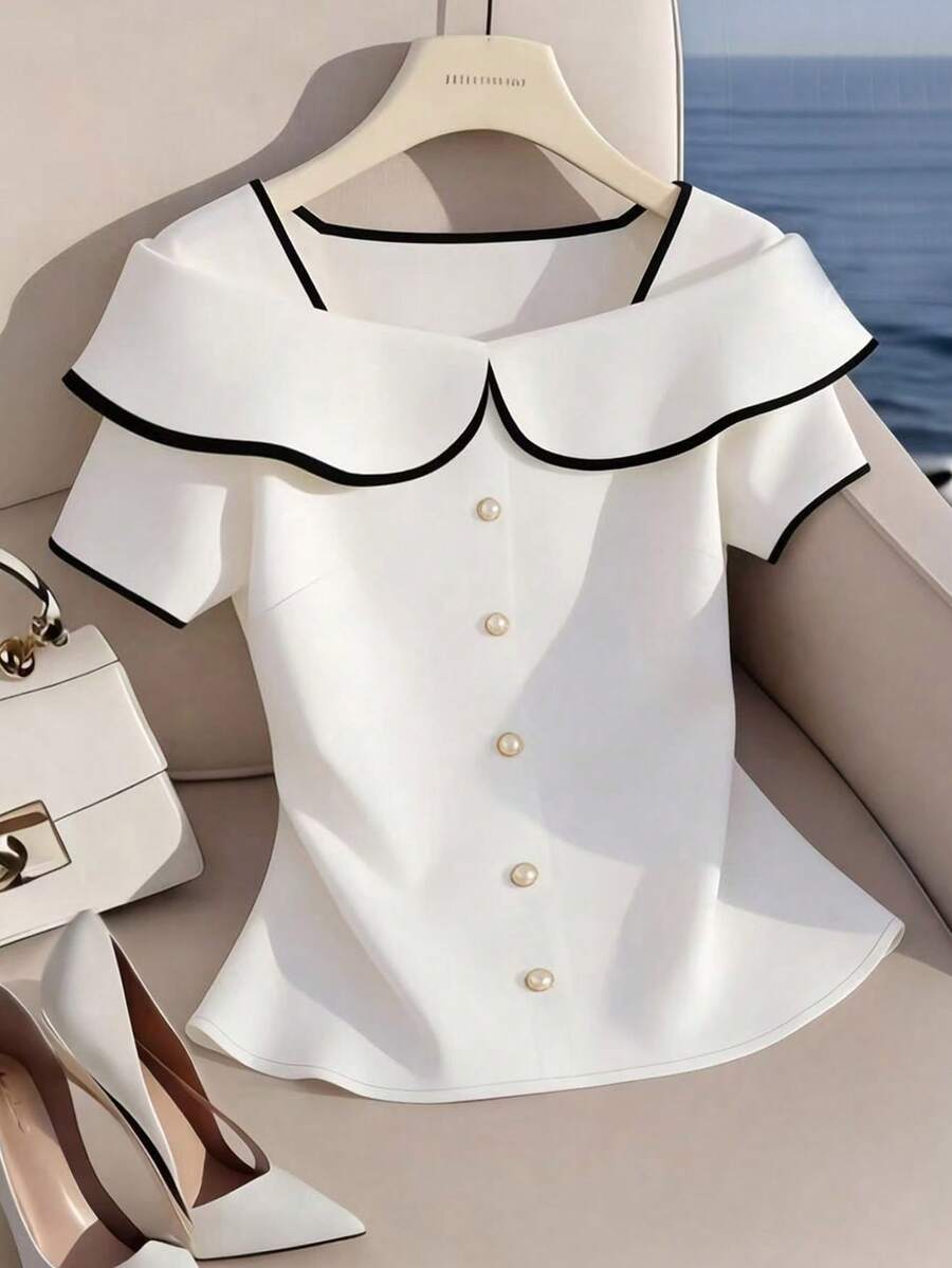 Franclia Women's Casual Contrast Trim Everyday Shirt - Black and White - View 1