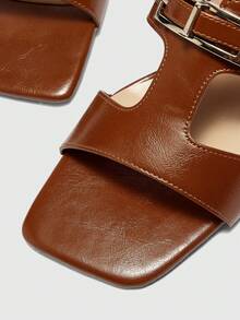 CUCCOO BIZCHIC 春夏新款户外女士黑色方头露趾高跟凉鞋，女士细高跟法式凉鞋，带裙摆和金属扣 - 駝色 - 查看 5