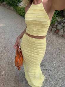 MainGRL 's Pale Yellow Summer Casual Vacation Holiday Outfit,Textured Knit Backless Halter Top And Mid-Waisted A-Line Skirt Set For Women,Elegant - Light Yellow - View 7