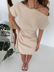 Aloruh Đầm ngắn nữ mùa hè kiểu dáng thường ngày, màu trơn, cổ lệch. - Màu be - Xem 10