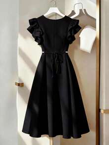 GlowEve Women's Spring/Summer Fashion Pearl Chain Embellished A-Line Dress With Flare Sleeves, Suitable For Daily Outings, Dates, Parties, Graduations, Holidays, Valentine's Day - Black - View 2