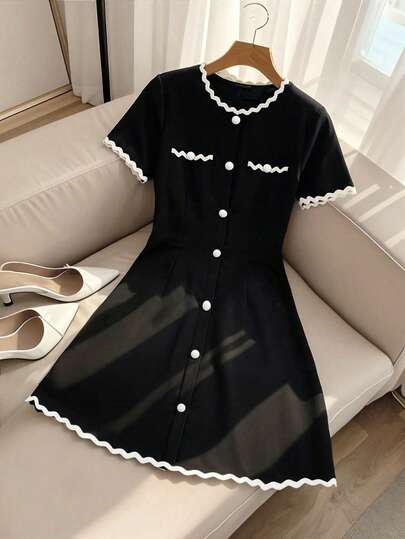 Elenzga Women's Spring/Summer French Elegant Contrast Color Wave Ribbon White Button Decor Round Neck Short Sleeve Fitted Dress Scallop Trim Dress Short Sleeve Dress For Women Women's Dress Black Button Dress Black And White Dress Women French Style Dress