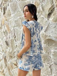 SHEIN Frenchy Bộ đồ 2 món dành cho nữ, họa tiết cây cỏ, cổ buộc dây, tay ngắn, áo và quần short. - Xanh và trắng - Xem 4