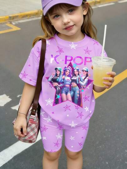 Spring & Summer Young Girl Casual Fashionable Creative Personalized Fresh Minimalist White & Purple Pentagram, Virtual Girl Group, Pentagram Star, Slogan Print T-Shirt & Bike Shorts Set, Comfortable Outfit For Spring, Summer & Autumn