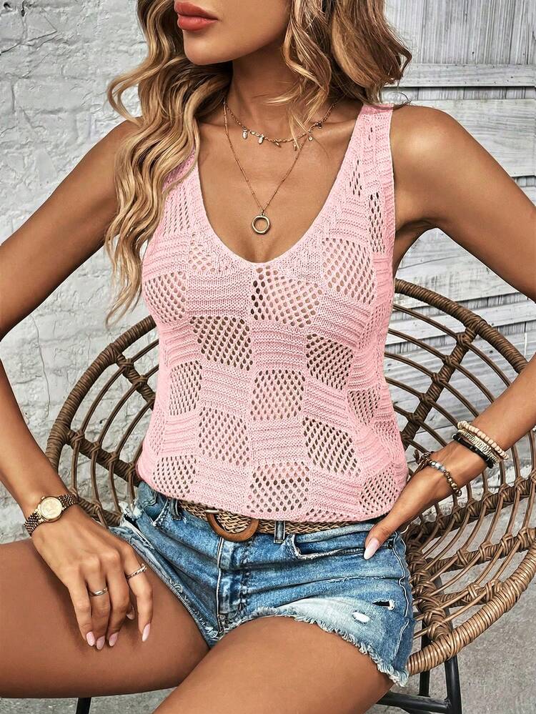 EMERY ROSE Blusa de punto de unicolor, hueca y versátil para uso diario - Rosa - Ver 4